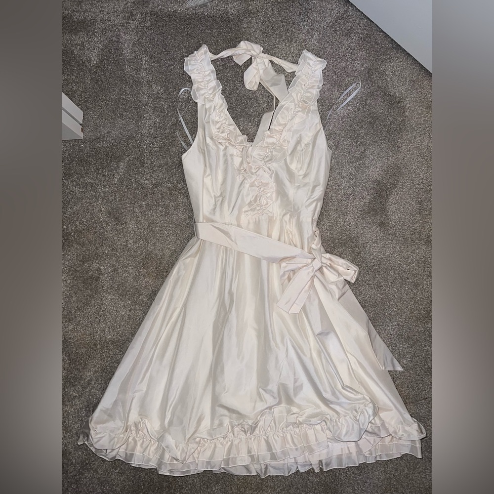 Lilly Pulitzer Off-White Ruffle Halter Dress with Beaded Embroidery